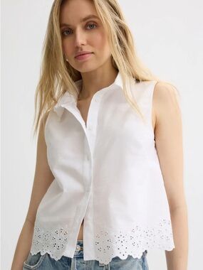 CeCe White Sleeveless Button-Front Eyelet Hem Shirt NWT